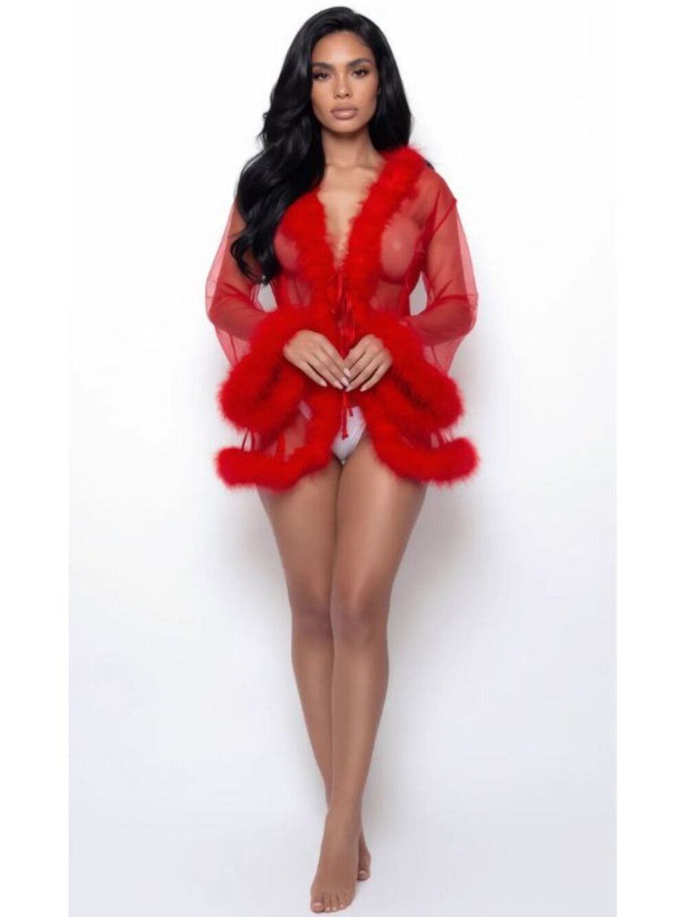 BW1650S Red Sheer Feather Trim Robe for Women